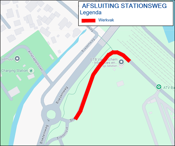 Kaartweergave van de werkzaamheden. De werkzaamheden vinden plaats op de Stationsweg richting het Waalviaduct, richting Heerjansdam. Het eerste stuk parallel aan de Boezemweg.